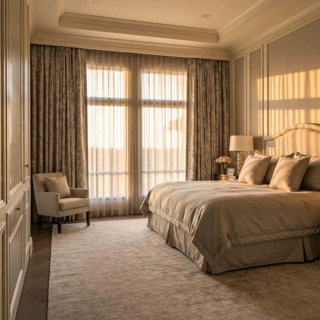Stunning master bedroom with elegant drapery